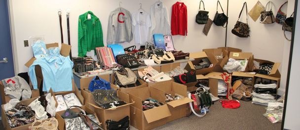 Counterfeit clothing, accessories, DVDs and CDs