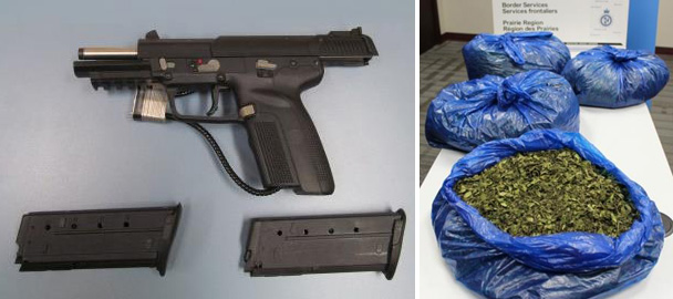 Firearms and marijuana seized by the Canada Border Services Agency.