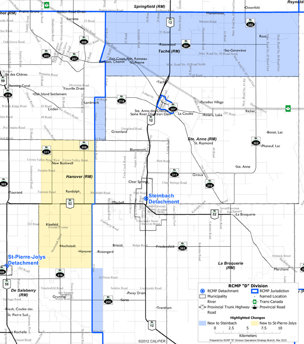 Policing boundaries map for St-Pierre-Jolys and Steinbach RCMP detachments.